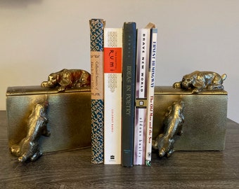 Rare vintage brass dog bookends. Made in 1930s in USA, PM Craftsman Company, Cocker Spaniels, Dogs with books, Dogs at play