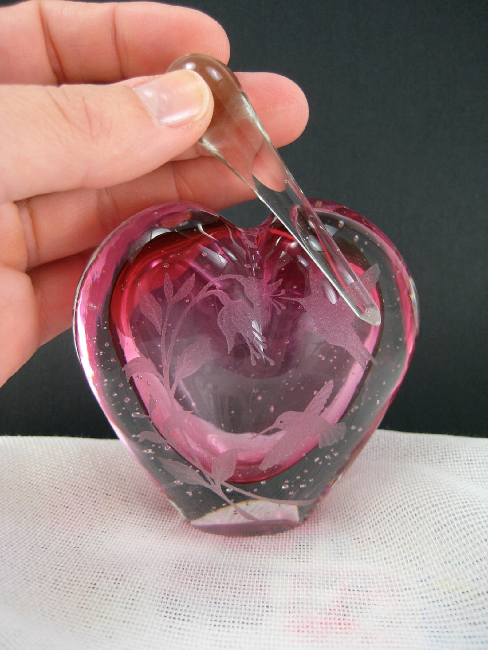 Vintage hand blown heart shaped perfume bottle etched with Etsy