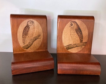 Vintage Wood Bookends with Owl Decoupage. 1970s handmade owl bookends