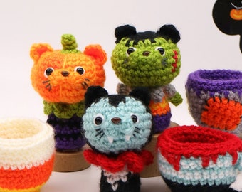 PDF Amigurumi Crochet Pattern Halloween Cat in a Mug | Toy | Stuffed Animal | DIY | Cat | Pumpkin | Dracula | Frankenstein | Creepy Cute