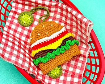 Handmade Key Case, Crochet Key Cover, Key Cozy, Key Pouch, Amigurumi Cheeseburger, Crochet Burger, Gift Idea, US Free Shipping | ZK-24-3794