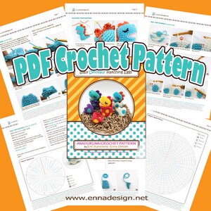 May include: PDF crochet pattern for making baby dinosaur hatching eggs. The pattern includes instructions for assembling the head and body, as well as a close-up of the finished product. The pattern is by Emi Kanesada, Enna Design.