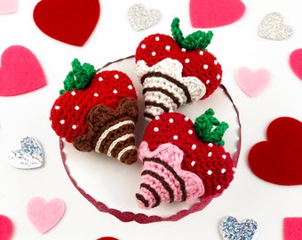 PDF Amigurumi Crochet Pattern CP-21-3660_Chocolate-Dipped-Strawberry-Hearts | Valentine's Day | Heart | Strawberry