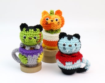 PDF Amigurumi Crochet Pattern Halloween Cat in a Mug | Toy | Stuffed Animal | DIY | Cat | Pumpkin | Dracula | Frankenstein | Creepy Cute