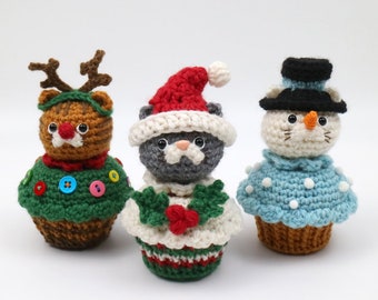 PDF Amigurumi Crochet Pattern CP-19-3508 Christmas Cat in Cupcake | Santa Claus | Reindeer | Snowman | Kokeshi Doll | Amigurumi Cat