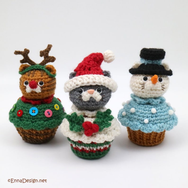 PDF Amigurumi Crochet Pattern CP-19-3508 Christmas Cat in Cupcake Santa Claus Reindeer Snowman Kokeshi Doll Amigurumi Cat image 1