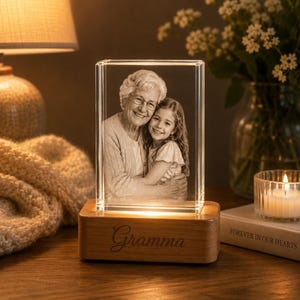 Personalized 3D Photo Crystal Night Light, Custom Laser Engraved Family Photo Gift, LED Base