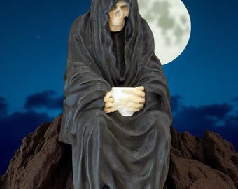 Sitting Grim Reaper with Teacup Figurine: Creepy Shelf or Book Nook Decor