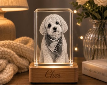 Crystal Pet Photo, Personalized Engraved K9 Keepsake - Dog Cat Tribute | Light Base | Sympathy Display