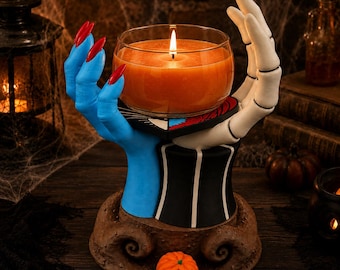 Présentoir à bougies en verre gothique pour Halloween, en forme de main de squelette sculptée | Jack et Sally | 7,5 à 12,5 cm