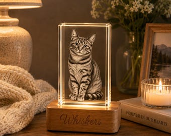 Personalized Cat Memorial Crystal – Custom 3D Laser Engraved Dog or Cat Photo Keepsake – Sympathy Gift for Pet Loss | Light Base INCLUDED