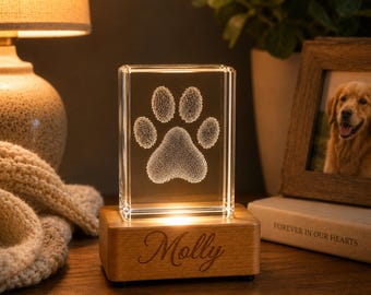Personalized Pet Paw Print Memorial Crystal – Custom 3D Laser Engraved Photo Keepsake (Light Base Included)