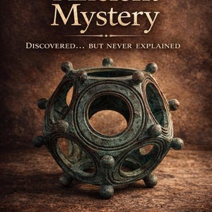 Può includere: Immagine di un oggetto geometrico usurato con un design complesso, forse un antico manufatto. L'oggetto è di colore verde acqua smorzato e presenta una serie di aperture circolari. Il testo "An Ancient Mystery" e "Discovered... But Never Explained" è visualizzato sopra.
