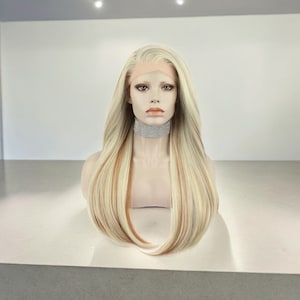 Peluca de pelo frontal de encaje rubio largo recto con reflejos /Peluca rubia sintética de uso diario / Peluca de fibra resistente al calor / Peluca de encaje rubio largo /