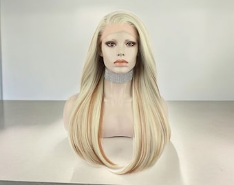 Long Straight Blonde Lace Front Hair Wig With Highlights |Daily Use Synthetic Blonde Wig | Heat Resistant Fiber Wig | Long Blonde Lace Wig |