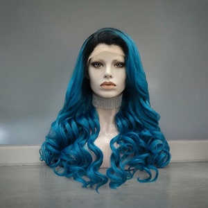 Long Body Wave Blue Lace Front Hair Wig |  Blue Wig With Dark Roots Lace Wig | Luxury Synthetic Lace Wig | Cosplay Wig | Heat Resistant Fibe