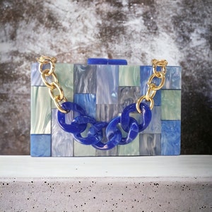 Pochette bleue de luxe | Pochette en acrylique | Pochette bleue du soir | Pochette de mariage | Pochette de demoiselle d'honneur | Sac de fête | Sac d'anniversaire
