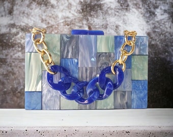 Luxuriöse blaue Clutch-Tasche | Acryl-Clutch-Tasche | Abendblaue Clutch-Tasche | Hochzeitskupplung | Brautjungfern-Clutch | Partytasche | Geburtstagstasche