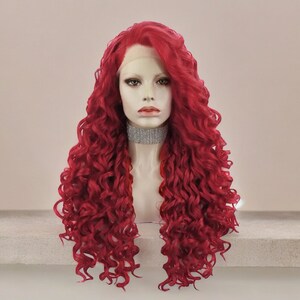 Long Curly Red Lace Front Wig | Luxury Kinky Red Synthetic Wig | Cosplay Red Wig | Heat Resistant Fiber Wig | Daily Use Red Lace Wig