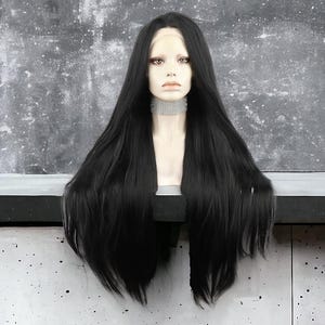 Long Silky Straight Black Lace Front Wig | Black Synthetic Lace Front Wig | Black Cosplay Party Wig | Black Halloween Lace Wig | Luxury Wig