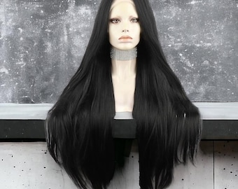 Long Silky Straight Black Lace Front Wig | Black Synthetic Lace Front Wig | Black Cosplay Party Wig | Black Halloween Lace Wig | Luxury Wig
