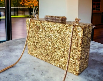Gold Sparkly Acrilyc Clutch Bag | Evening Clutch Bag | Gold Evening Purse | Prom Clutch | Party Box Clutch | Gold Clutch Bag