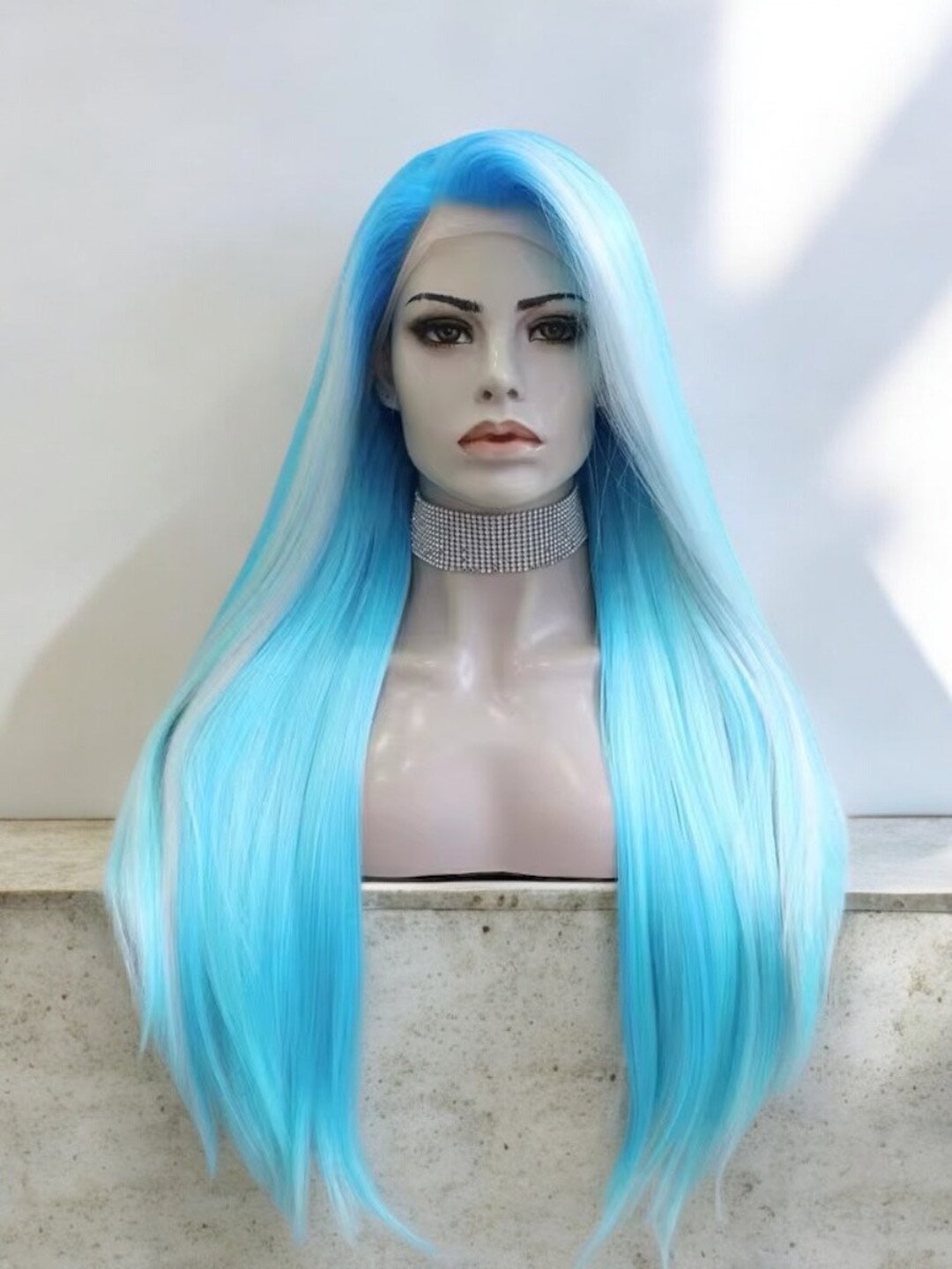 Long Blue Silky Straight Lace Front Hair Wig With White  display picture 3