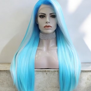 Long Blue Silky Straight Lace Front Hair Wig With White Highlights |  Luxury Blue Lace Front Wig | Luxury Synthetic Lace Wig | Cosplay Wig |
