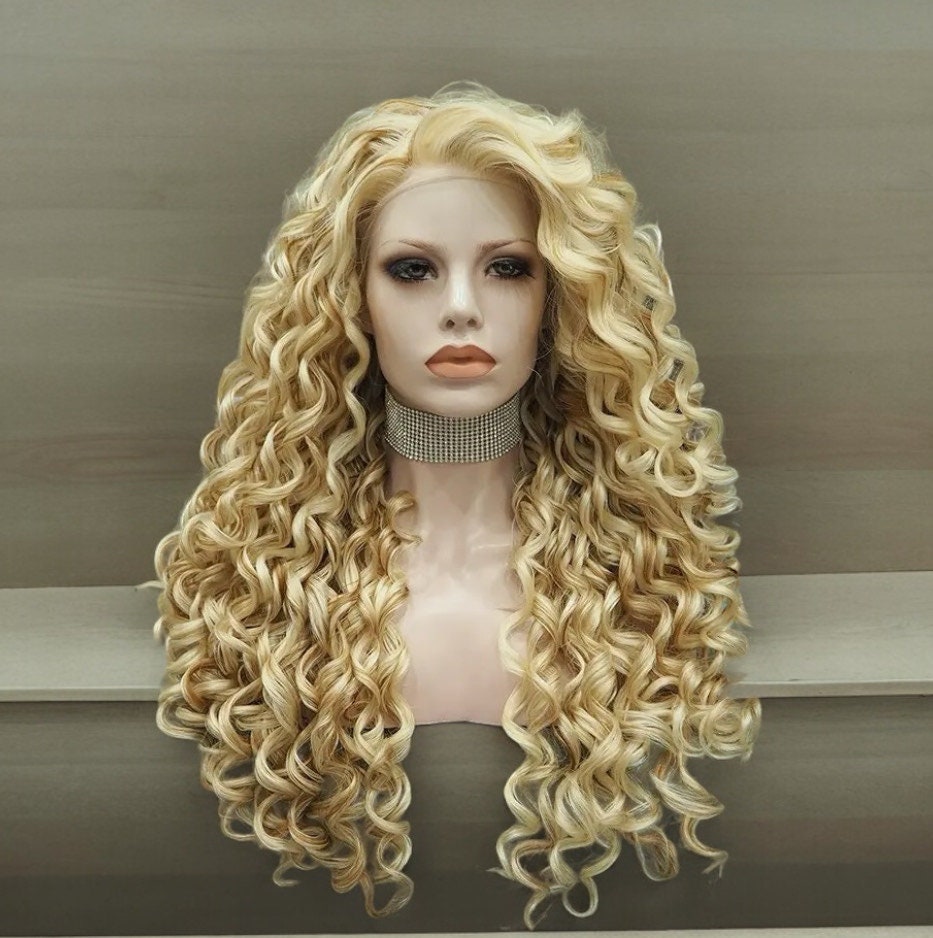 Long Curly Blonde Lace Front Hair Wig Daily Use Synthetic Blonde