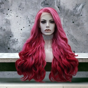 Pink Ombre Lace Front | Long Body Wave Synthetic Lace Front Wig | Pink Cosplay Synthetic Wig | Heat Resistant Fiber | Luxury Pink Lace Wig