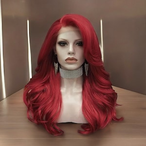 Medium Length Body Wave Red Lace Front Wig | Luxury Red Synthetic Wig | Cosplay Red Wig | Heat Resistant Fiber Wig | Daily Use Red Lace Wig