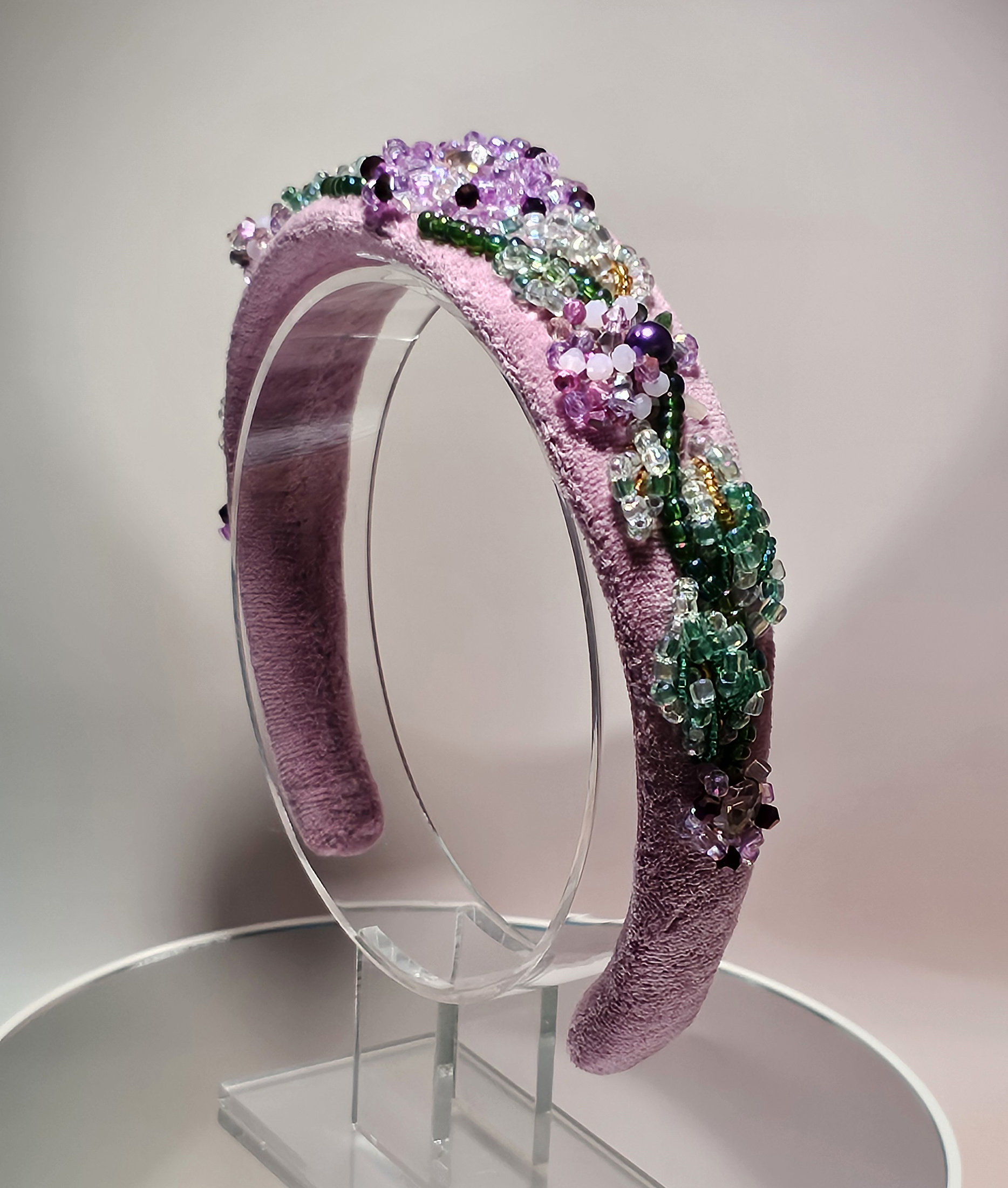 Lilac Bejeweled Headband, Rhinestone & Bead Embroidered  display picture 3
