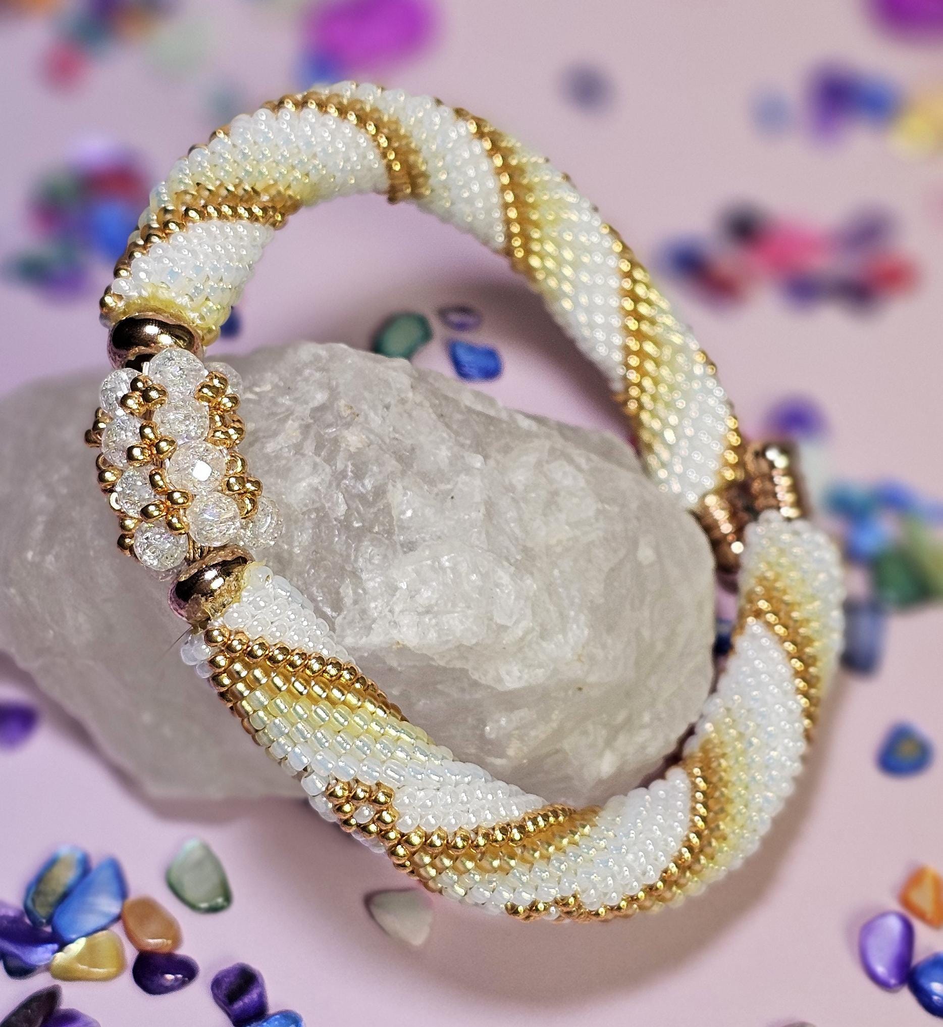 Handmade Gold & White Beadwork Cuff, Open Bangle, Unique Rigid Bracelet ...