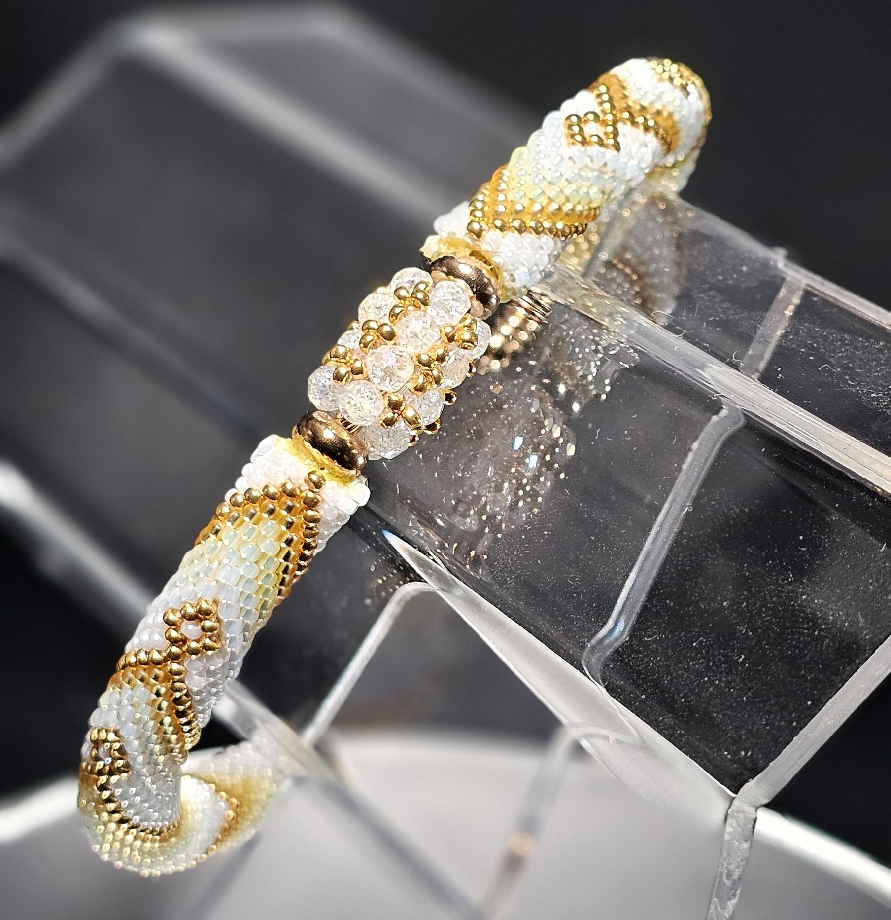 Handmade Gold & White Beadwork Cuff, Open Bangle, Unique Rigid Bracelet ...