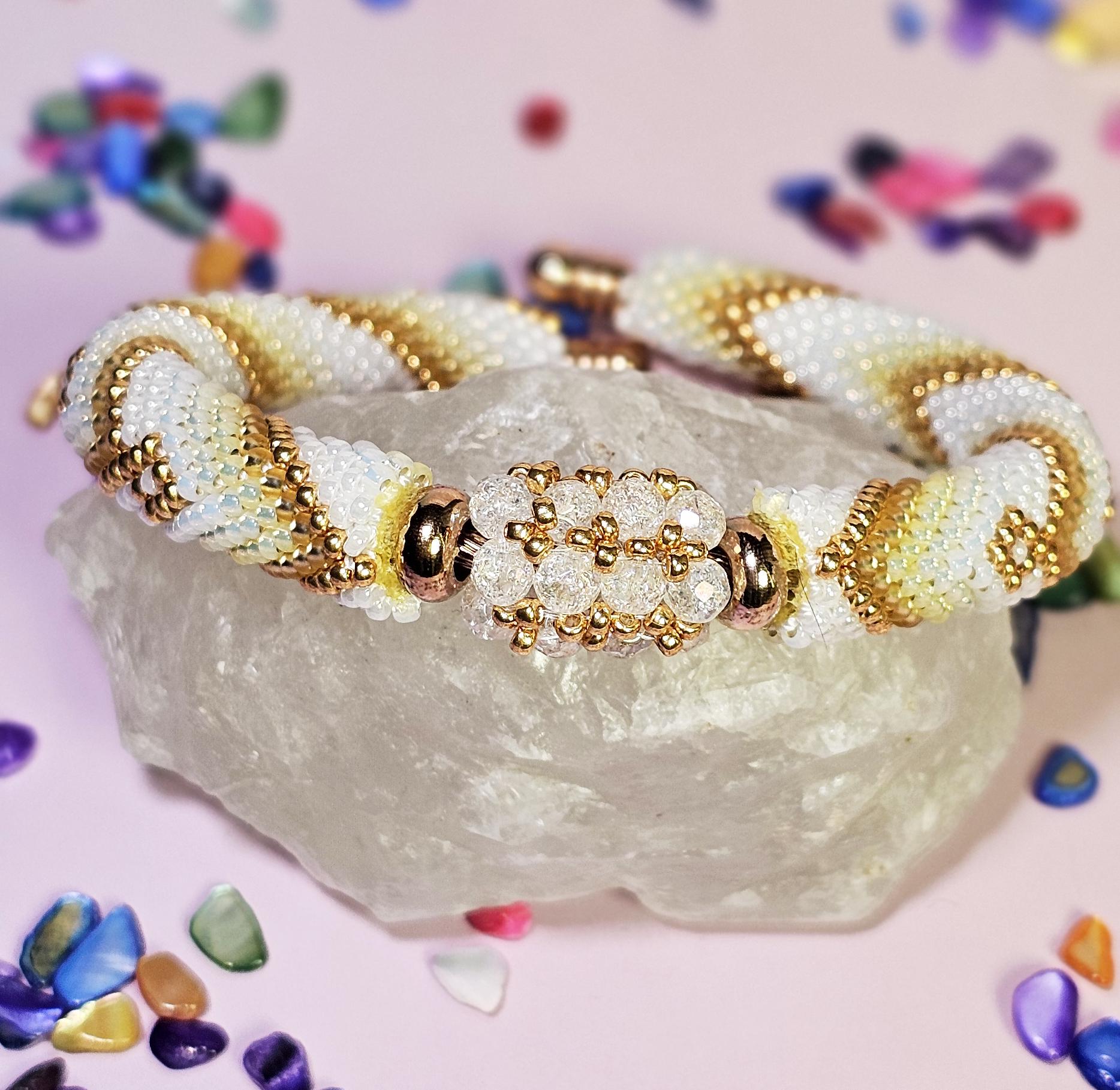 Handmade Gold & White Beadwork Cuff, Open Bangle, Unique Rigid Bracelet ...