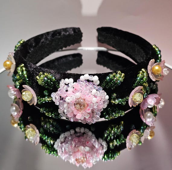 Statement Black Velvet Floral Headband, Beaded Flower  display picture 1