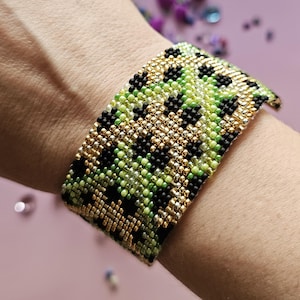 Japanese Bead Weaving Cuff Bracelet, Green and Gold Geometric Bangle, Artisan Beaded Jewelry