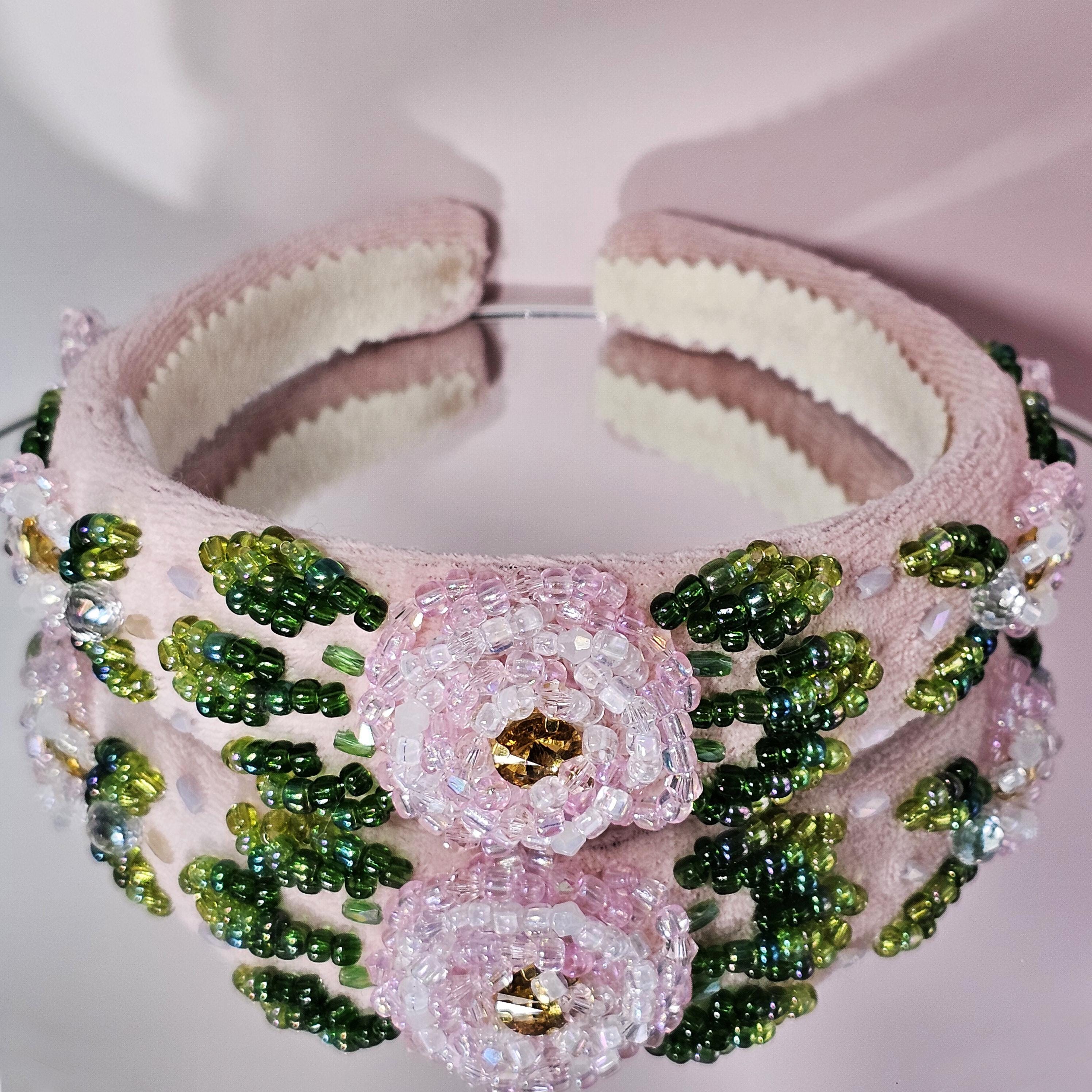 Pink Floral Headband, Beaded Flower Hairband, Handcrafted  display picture 1
