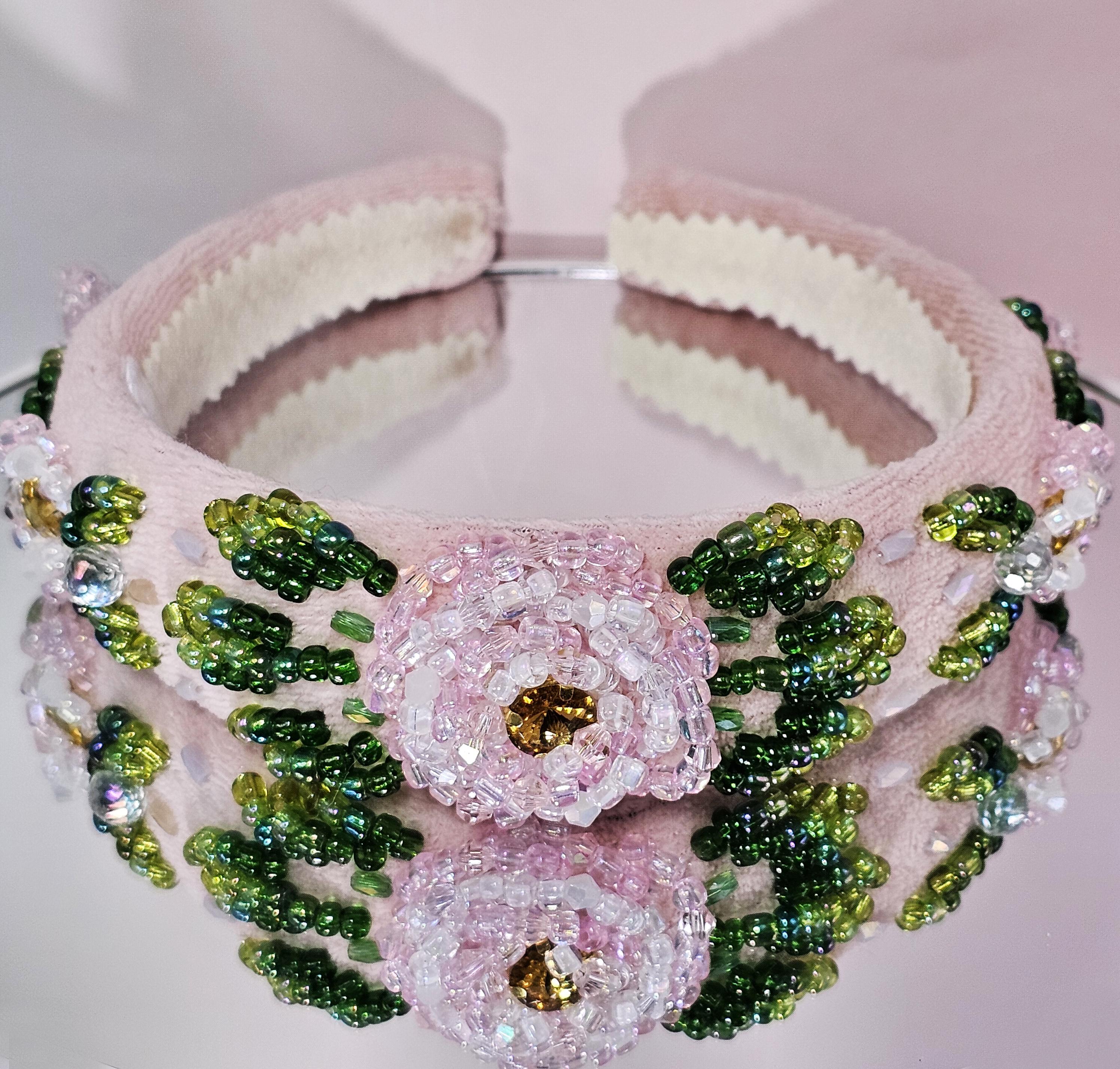 Mauve Pink Beaded Knotted Velvet Headband Crystal Clear Acrylic Beads Handmade CROWN Glass Crystal Beads Headband In Shocking Pink – BrunnaCo main image 2
