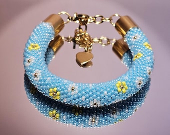 Blue Bead Crochet Bangle - Unique Seed Bead Bracelet. Bangle Bead Crochet. Tubular Seed Bead Crochet Bangle Exclusive Beaded Bracelet