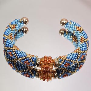 Handmade Blue & Orange Beadwork Cuff, Chunky Bangle Bracelet, Artisan Gift