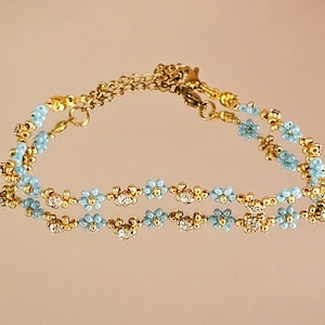 Handmade Beaded Flower Bracelet - Blue & Gold Daisy Chain - Delicate Floral Jewelry Gift