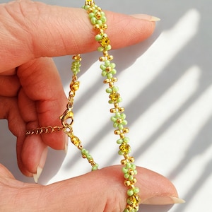 Green Flower Beaded Bracelet, Gold Crystal Jewelry, Handmade Gift for Her