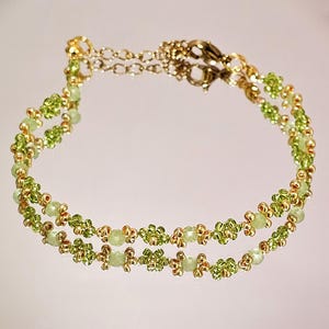 Green Crystal Beaded Bracelet, Gold Floral Jewelry, Handmade Elegant Gift