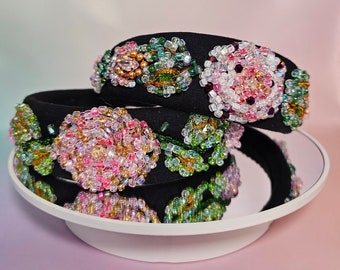 Floral Embroidered Linen Headband, Jeweled Headband With  display picture 2