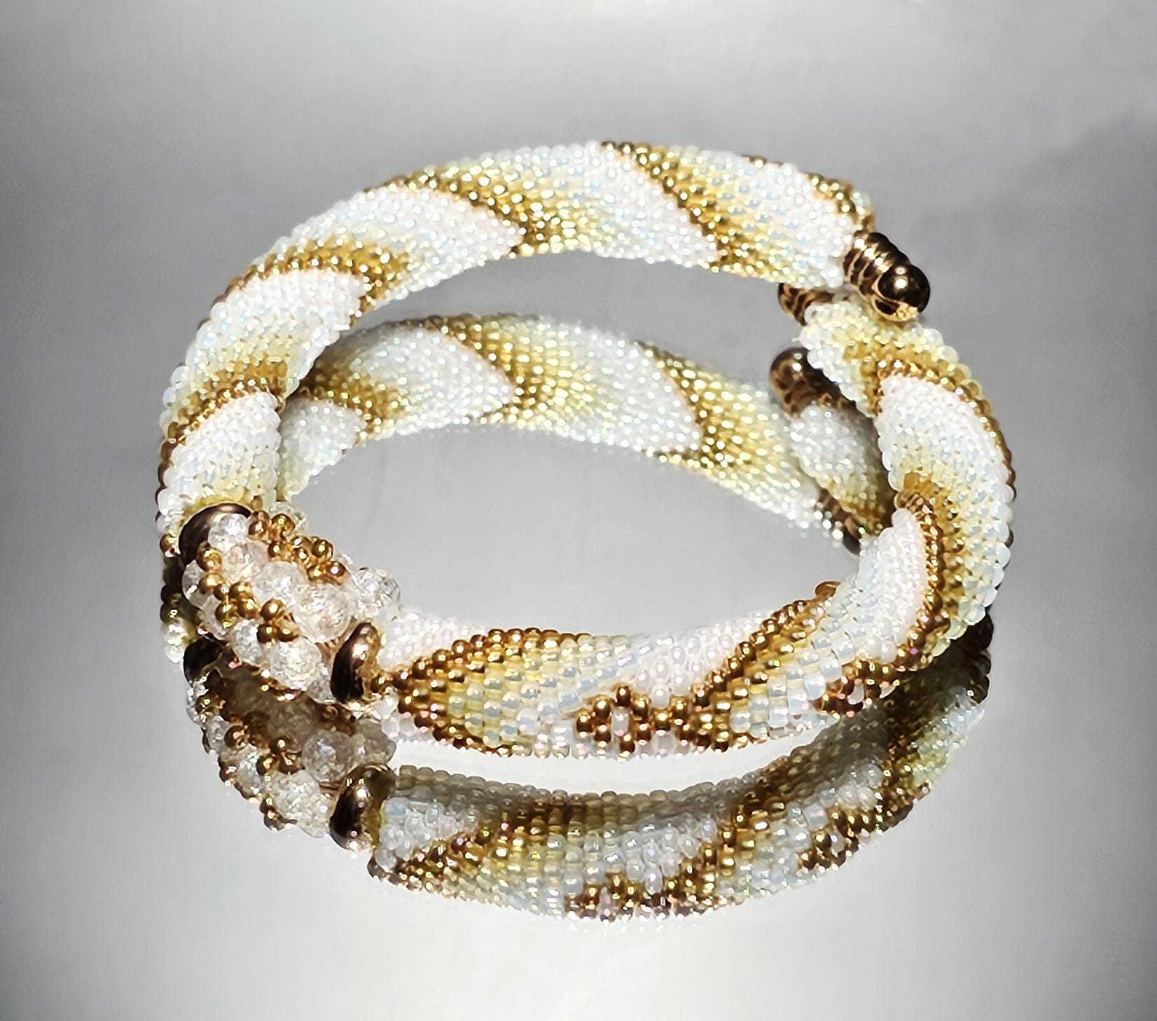 Handmade Gold & White Beadwork Cuff, Open Bangle, Unique Rigid Bracelet ...