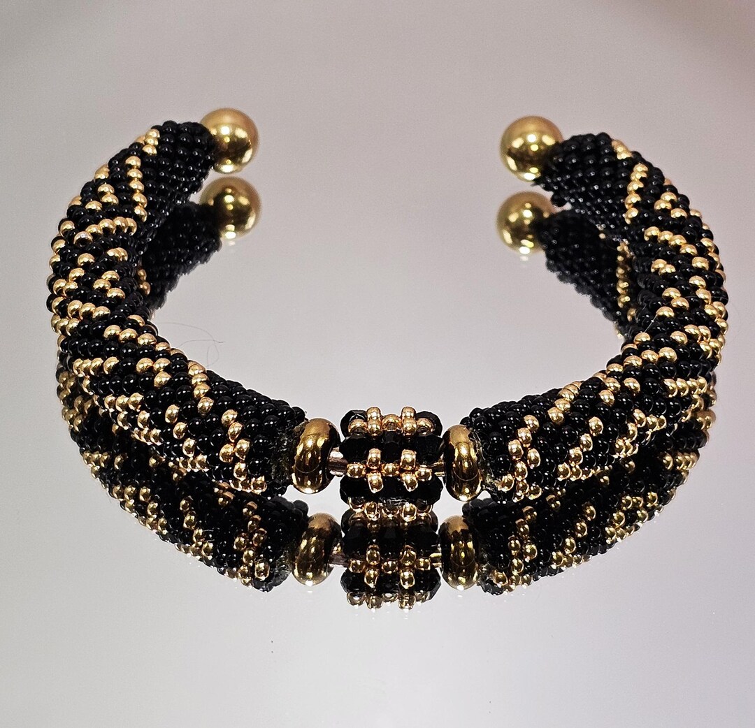 Black & Gold Beaded Bracelet, Statement Bangle, Elegant Beaded Jewelry ...