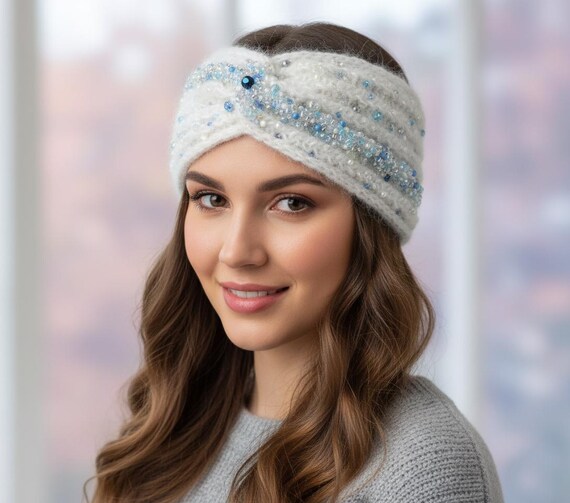 Warm Twist Headband With Beads and Crystals, Handmade Mohair  display picture 2