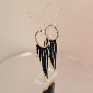 Black & Gold Fringe Hoop Earrings, Boho Statement Earrings, Elegant Tassel Jewelry
