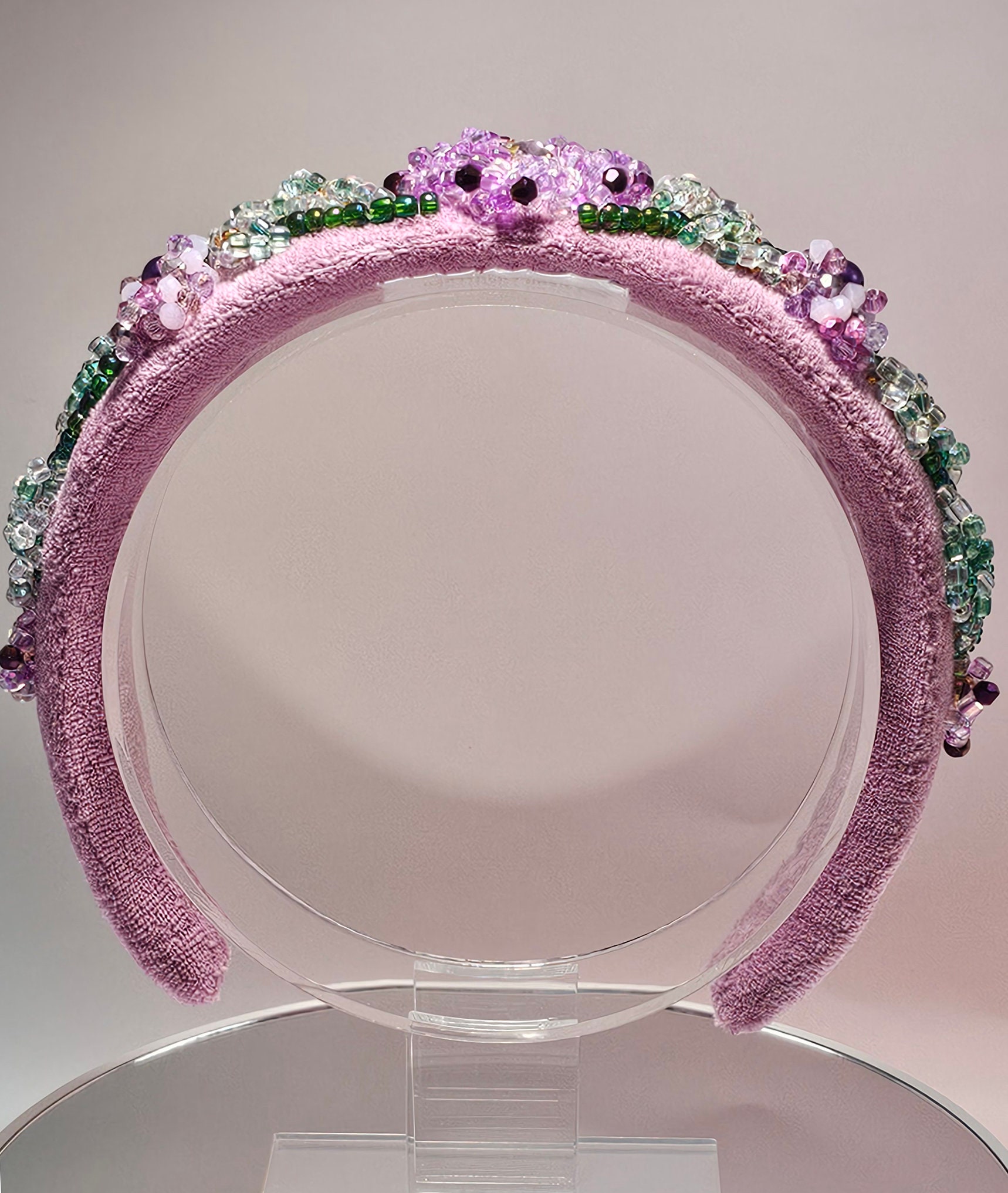 Lilac Bejeweled Headband, Rhinestone & Bead Embroidered 